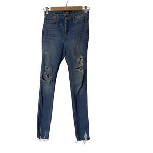 Hollister Blue Distressed High Rise Crop Super Skinny Stretch Denim Jeans‎ Sz 0R